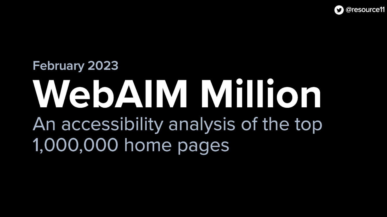 Slide with text: February 2023, “WebAIM Million”, an accessibility analysis of the top 1,000,000 home pages