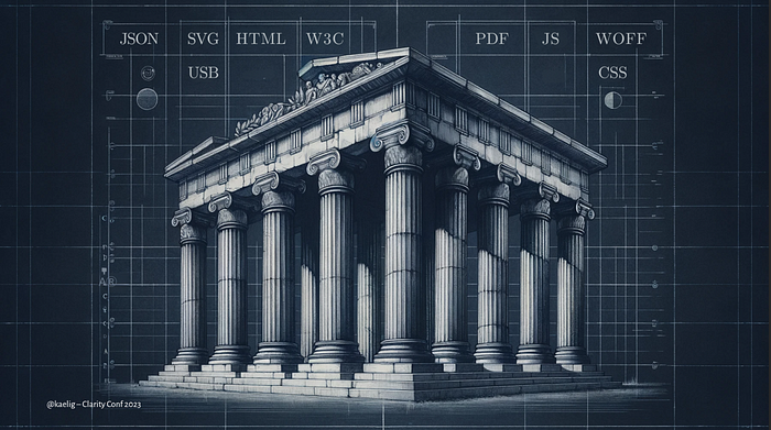 An illustration in the style of a Greek temple on a blueprint grid with several names of standards around it like JSON, SVG, HTML, W3C, etc.