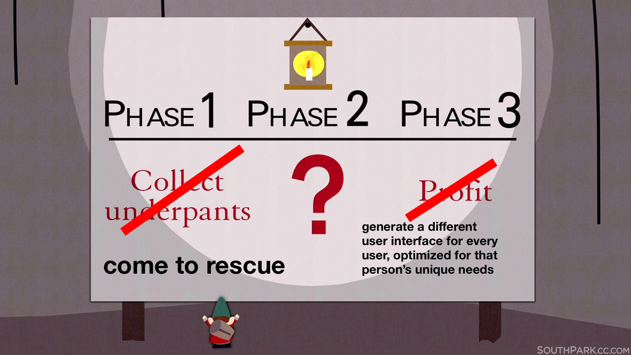 A still from Southpark, It features a small gnome in front of a large screen. Text reads "phase 1 come to rescue". Phase 2 "?". Phase 3 "generate a different user interface for that users needs".