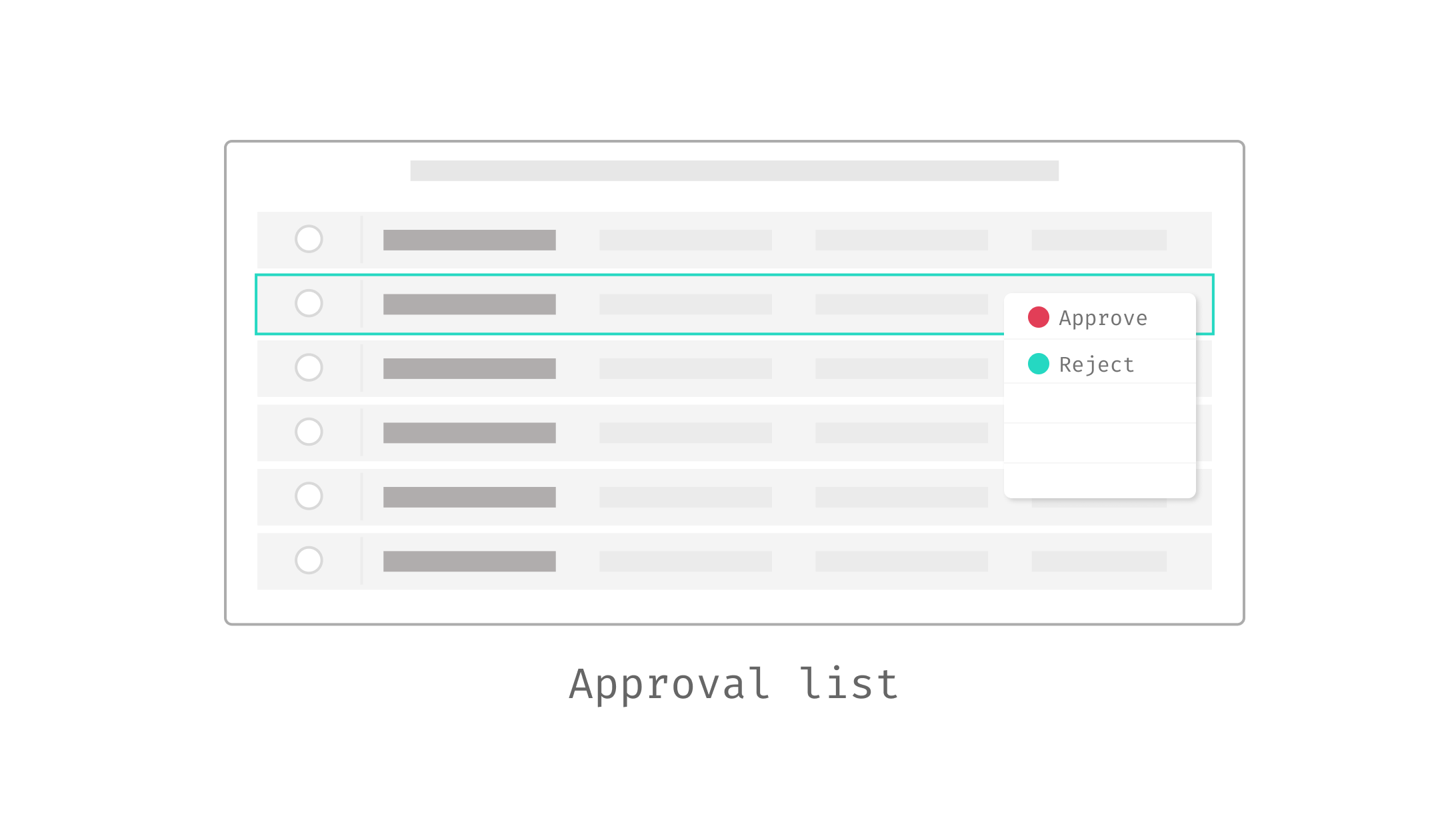 User interface showing an approval list with selectable rows and a pop-up menu offering 'Approve' and 'Reject' options