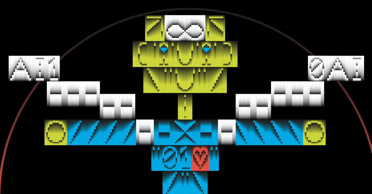 A colorful ASCII-art-style robot with a smiling face, outstretched arms, and the text "01♥" on its chest. "AI" appears on the left and its mirror "IA" on the right, all set against a black background with a semicircular arc.