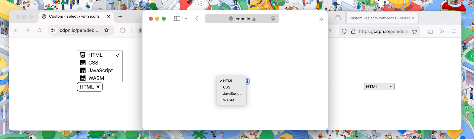 Three browser windows display custom <select> dropdown menus styled with icons for HTML, CSS, JavaScript, and WASM. The designs vary: the left shows a large, styled dropdown with icons, the center a minimal floating style, and the right a standard native dropdown.