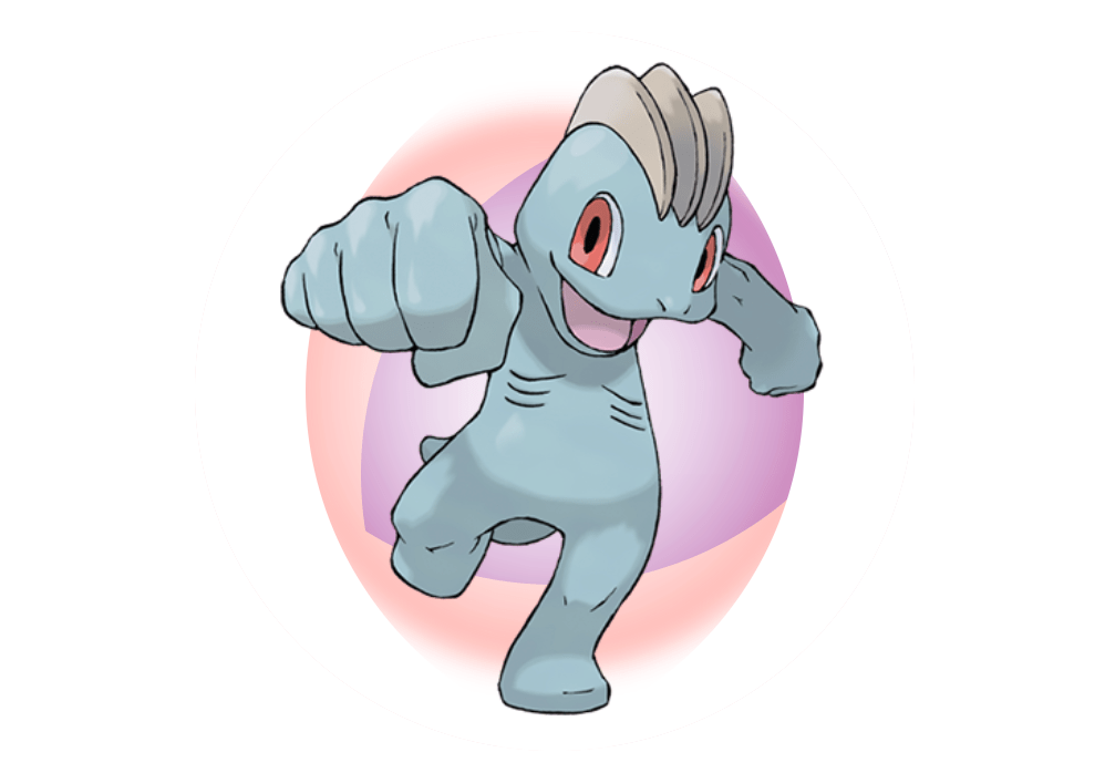 Machop, a gray, humanoid Pokémon with red eyes and three head crests, poses with one fist extended forward in a dynamic action stance