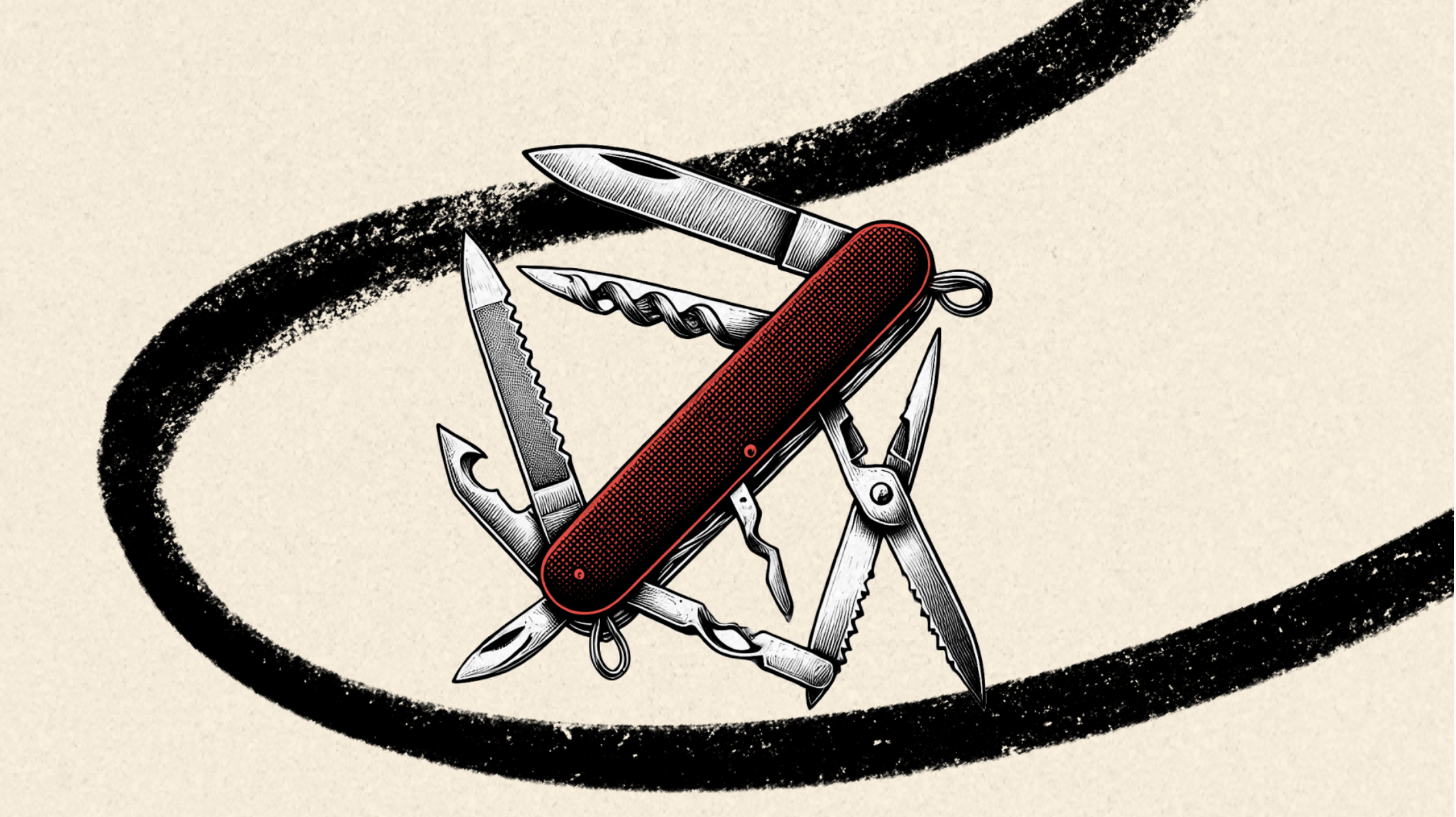 Illustration of a red Swiss Army knife with multiple tools extended, including a blade, scissors, corkscrew, saw, and screwdriver. The knife is placed against a beige background with a bold black brushstroke curving behind it.