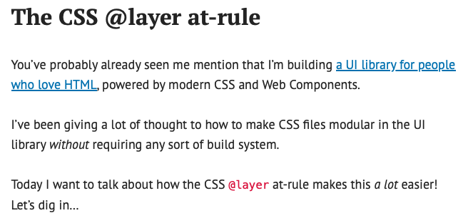 Screenshot of a blog post titled “The CSS @layer at-rule,” introducing the topic and explaining its usefulness for modularizing CSS without a build system.