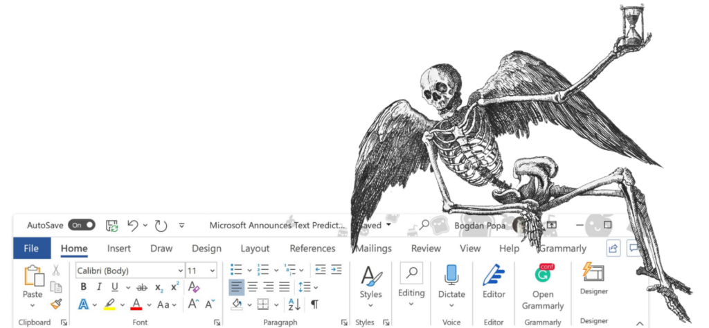 A winged skeleton holding an hourglass looms over a Microsoft Word toolbar