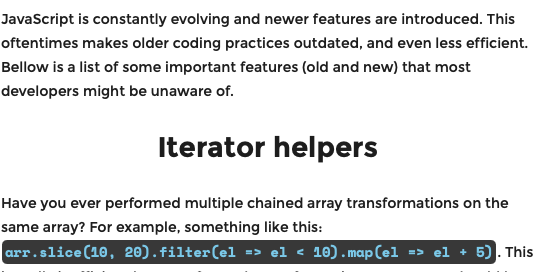 Screenshot of a web article titled "Iterator helpers," explaining modern JavaScript array methods with a code example: arr.slice(10, 20).filter(el => el < 10).map(el