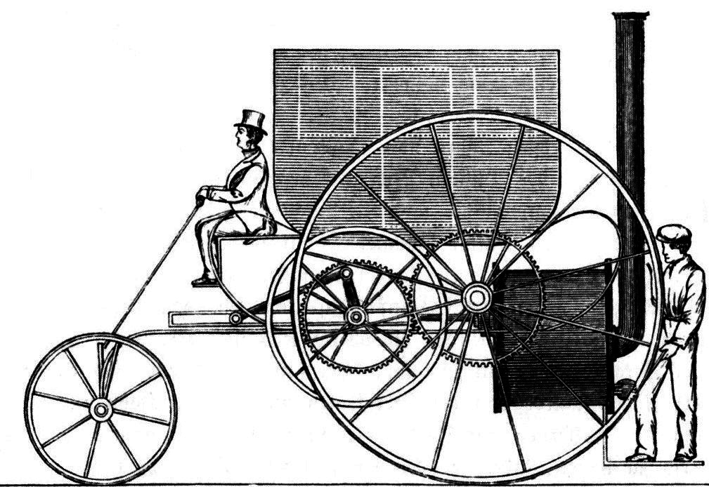 A vintage black-and-white illustration of an early steam-powered vehicle. A man in a top hat is seated at the front steering with long handles, while another man stands at the back near a chimney-like structure. The vehicle features large gears and oversized rear wheels, suggesting a complex mechanical system.
