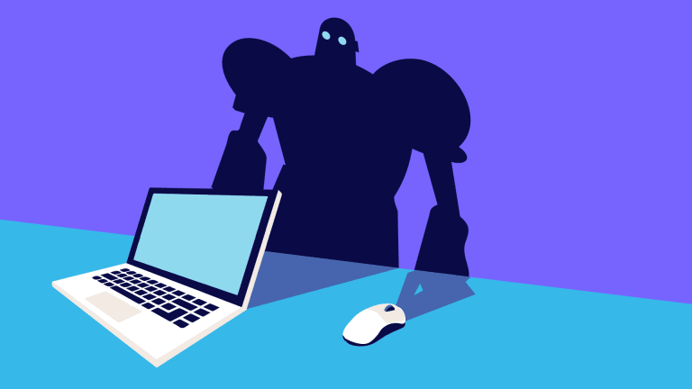 Illustration of a large robot standing behind a laptop and computer mouse on a desk