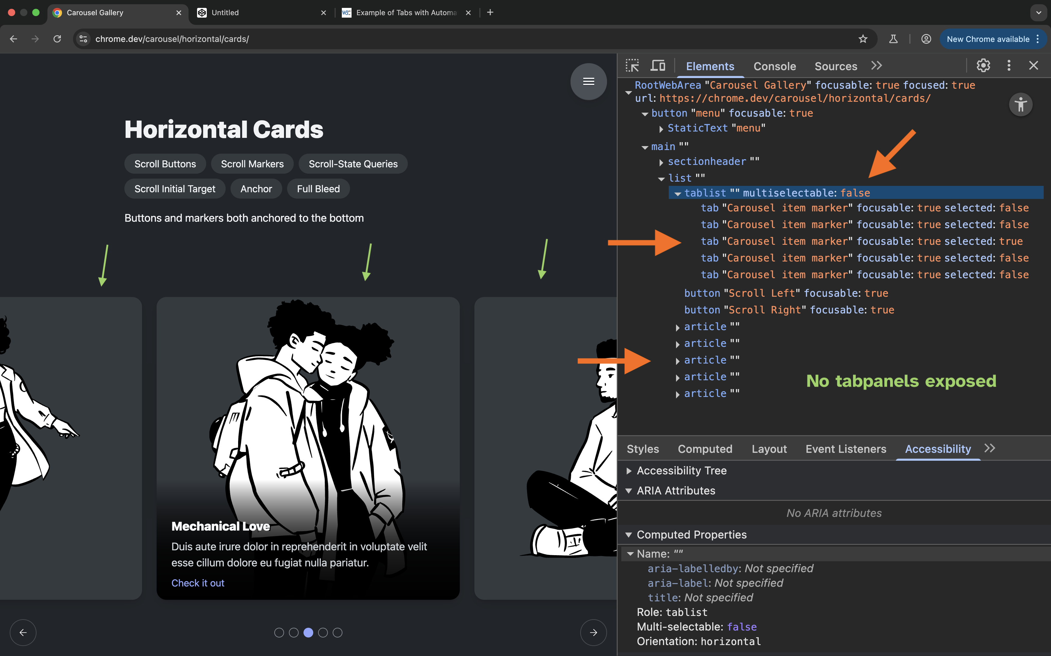 Screenshot of a carousel UI with developer tools open, showing a tablist with four tabs but no associated tabpanels, indicating a potential accessibility issue.