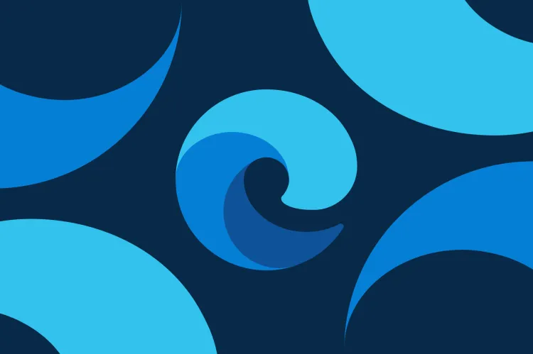 Abstract graphic featuring swirling blue wave shapes on a dark blue background, resembling the Microsoft Edge logo