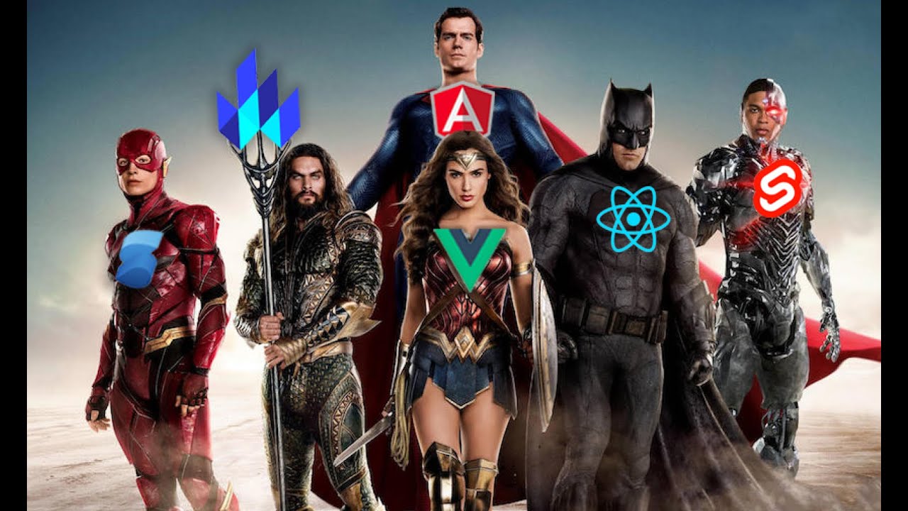 The image shows the Justice League characters edited to represent different JavaScript frameworks and libraries. Each superhero has a logo on their chest: Flash with SolidJS, Aquaman with Qwik, Superman with Angular, Wonder Woman with Vue.js, Batman with React, and Cyborg with Svelte.