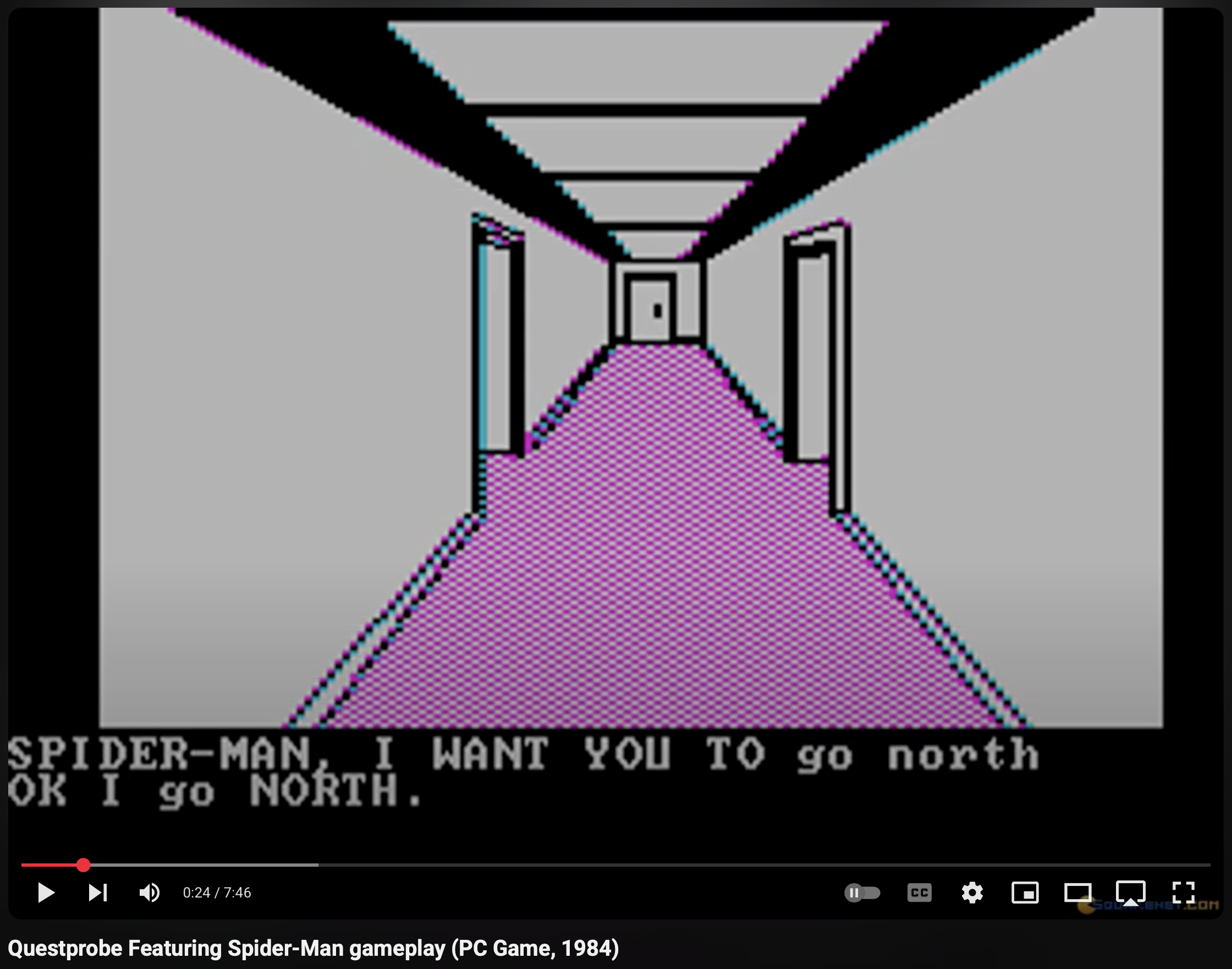 Screenshot from the 1984 PC game "Questprobe Featuring Spider-Man," showing a pixelated 3D hallway with open doors and text at the bottom reading, "SPIDER-MAN, I WANT YOU TO go north OK I go NORTH."