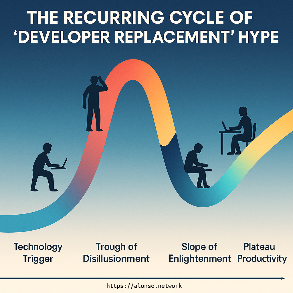 A stylized infographic titled "The Recurring Cycle of ‘Developer Replacement’ Hype" depicts four phases along a wave-like curve: Technology Trigger, Trough of Disillusionment, Slope of Enlightenment, and Plateau of Productivity. Each phase shows a silhouette of a person interacting with a computer, reflecting changing attitudes toward new technology.