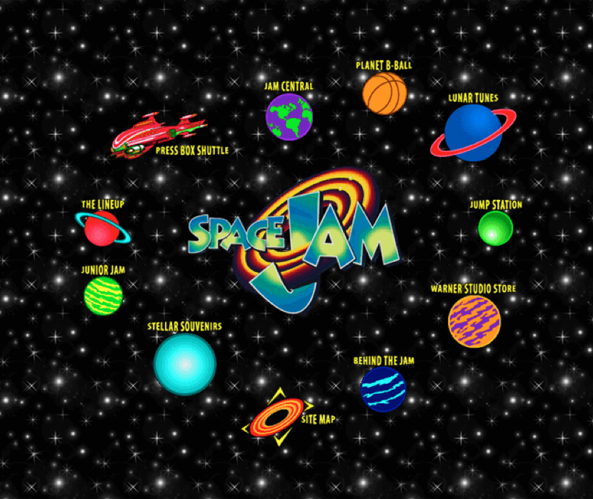 Colorful, space-themed homepage for the original Space Jam movie website, featuring planets and icons linking to sections like "Jam Central," "The Lineup," "Stellar Souvenirs," and "Site Map," all set against a starry background.