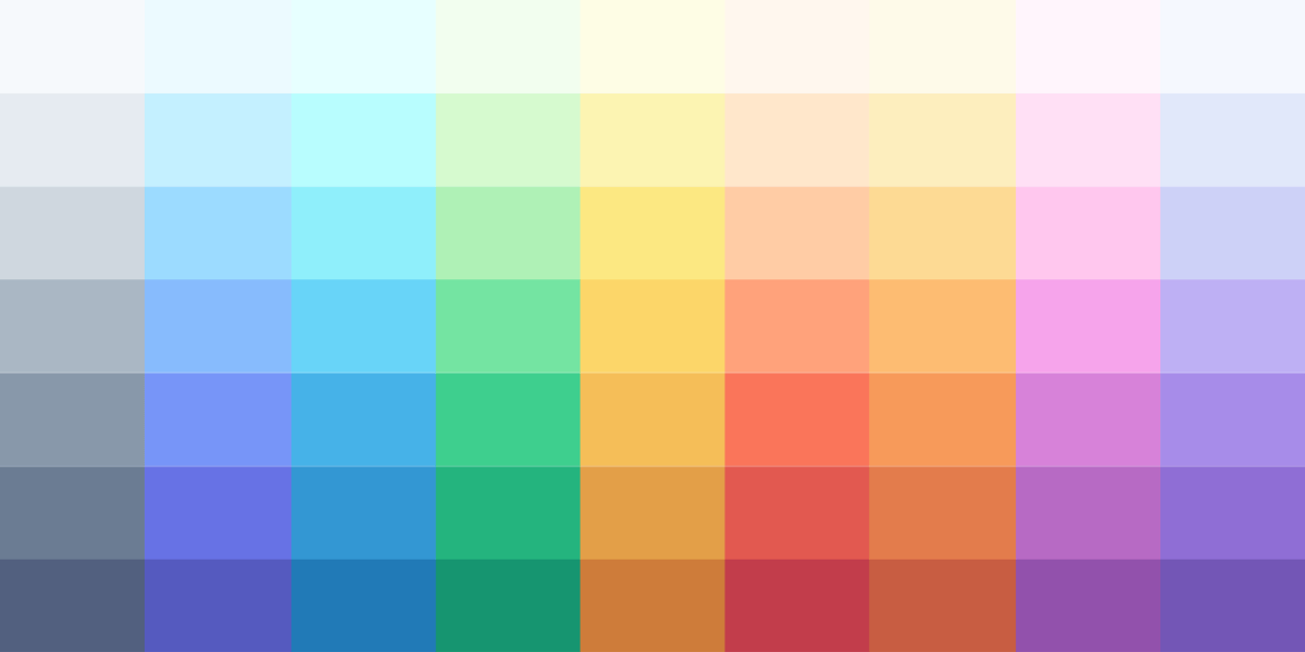 A grid of colored squares forming a gradient from light to dark vertically and shifting hues horizontally across the spectrum (blue, green, yellow, orange, pink, purple).