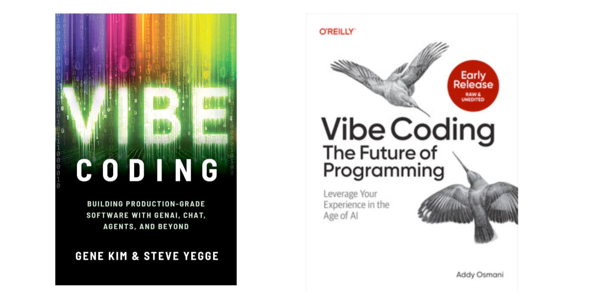 Side-by-side book covers for two books titled "Vibe Coding." The left cover by Gene Kim & Steve Yegge features colorful digital rain in rainbow hues with bold glowing text. The right cover by Addy Osmani, published by O'Reilly, has a minimalist white background with two sketch-style birds and a red "Early Release" badge.