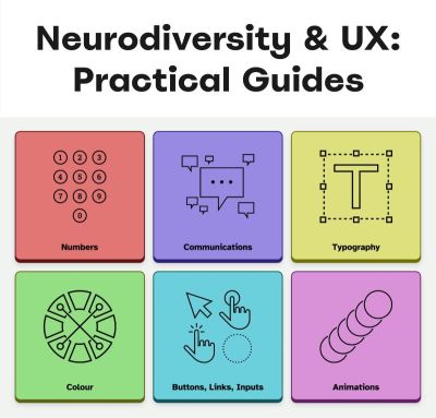 A graphic titled “Neurodiversity & UX: Practical Guides” featuring six color-coded tiles, each representing a topic with an icon and label:

Numbers (red),
Communications (blue),
Typography (yellow),
Colour (green),
Buttons, Links, Inputs (teal),
Animations (purple).