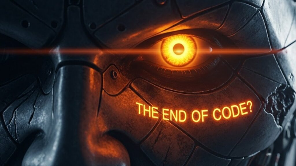 Close-up of a futuristic robotic face with a glowing orange eye and the phrase “THE END OF CODE?” illuminated beneath it.

