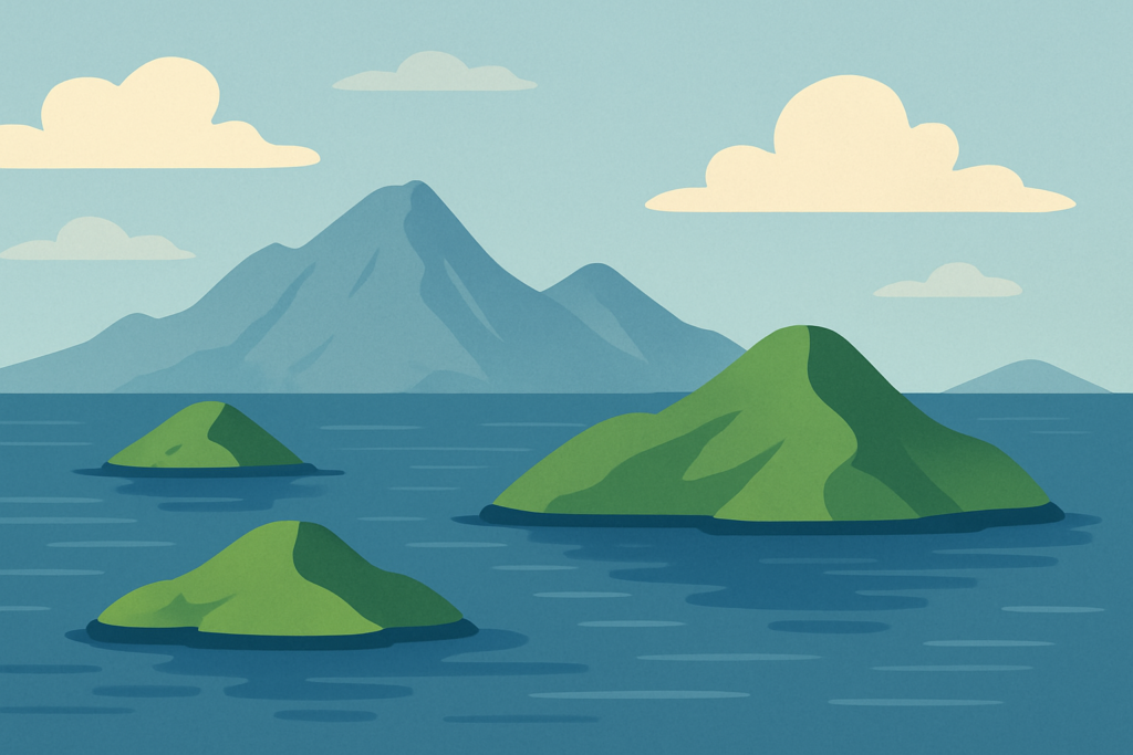 Illustration of four green islands in a calm blue ocean with a large mountain and clouds in the background