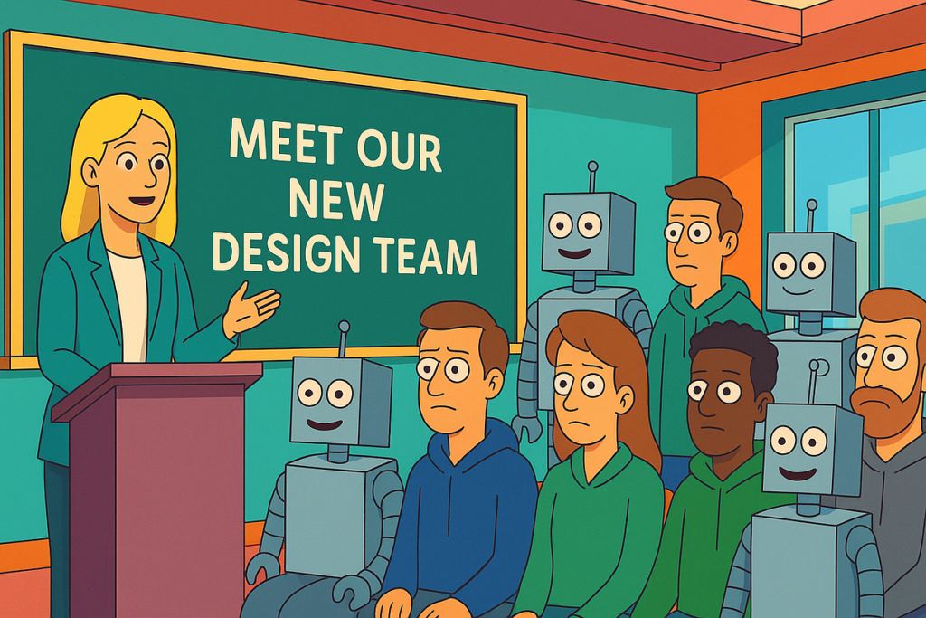Cartoon illustration of a woman presenting a "Meet Our New Design Team" slide to a group of people and smiling robots seated in a room.

