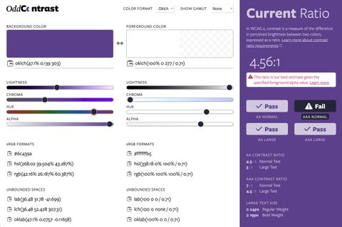 A color contrast checker interface showing a background color of oklch(47.6% 0.319 303) and a foreground color of oklch(100% 0.17 0). The contrast ratio is 4.56:1, which fails WCAG AA for normal text but passes for large text.
