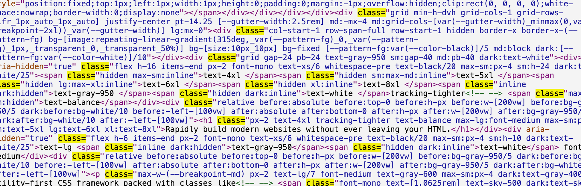 complex HTML code with many utility classes.