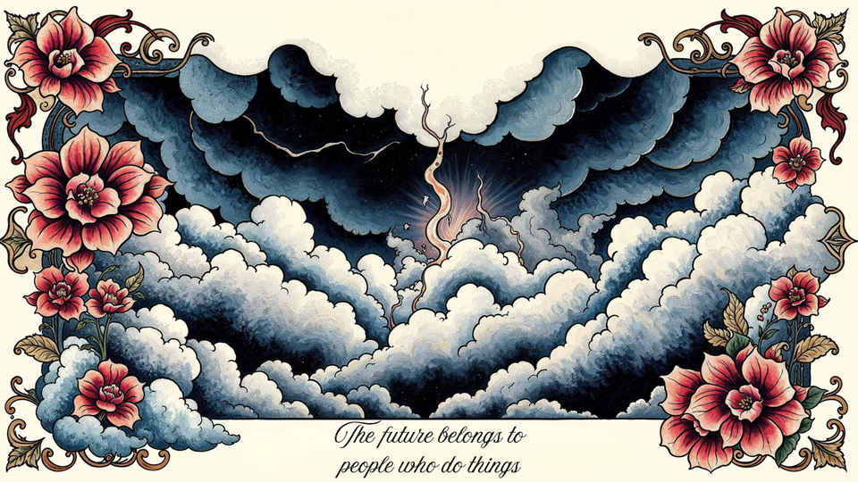 Illustrated image with dramatic clouds parting to reveal a glowing flame in a night sky, surrounded by ornate floral borders. At the bottom, elegant script reads: “The future belongs to people who do things.”