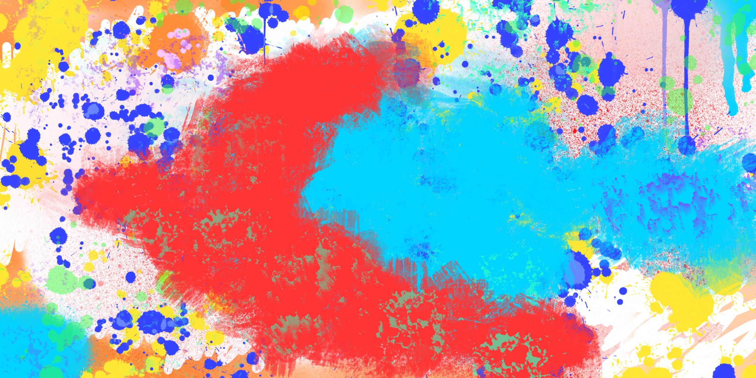 Abstract digital painting with large overlapping red and blue brushstrokes in the center, surrounded by colorful paint splatters