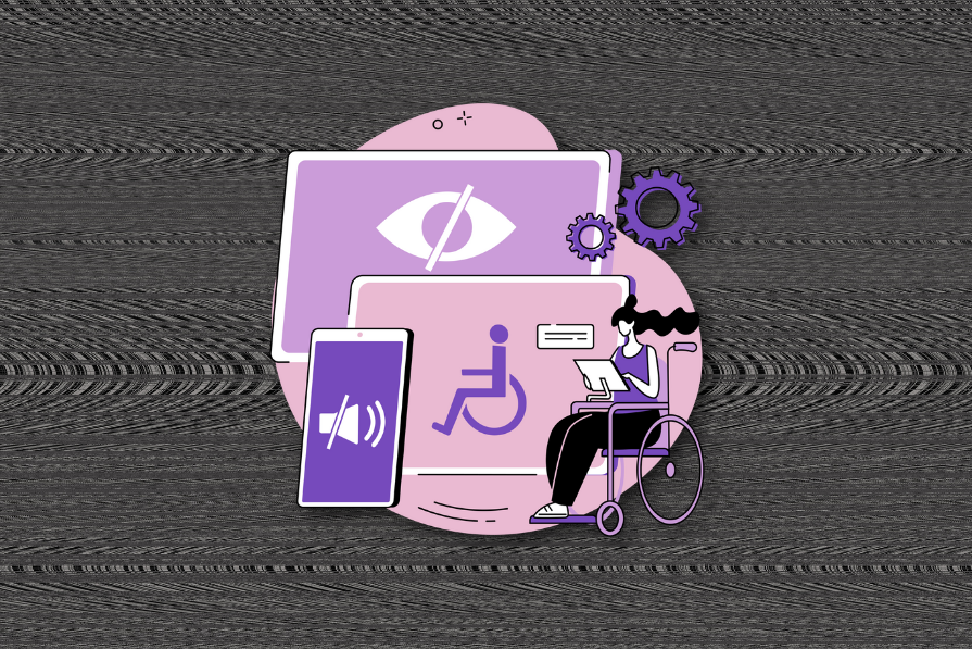 Illustration of accessibility features including a woman in a wheelchair using a tablet, icons for visual impairment, audio assistance, and a wheelchair symbol, all set against a purple background with digital devices and gear icons.