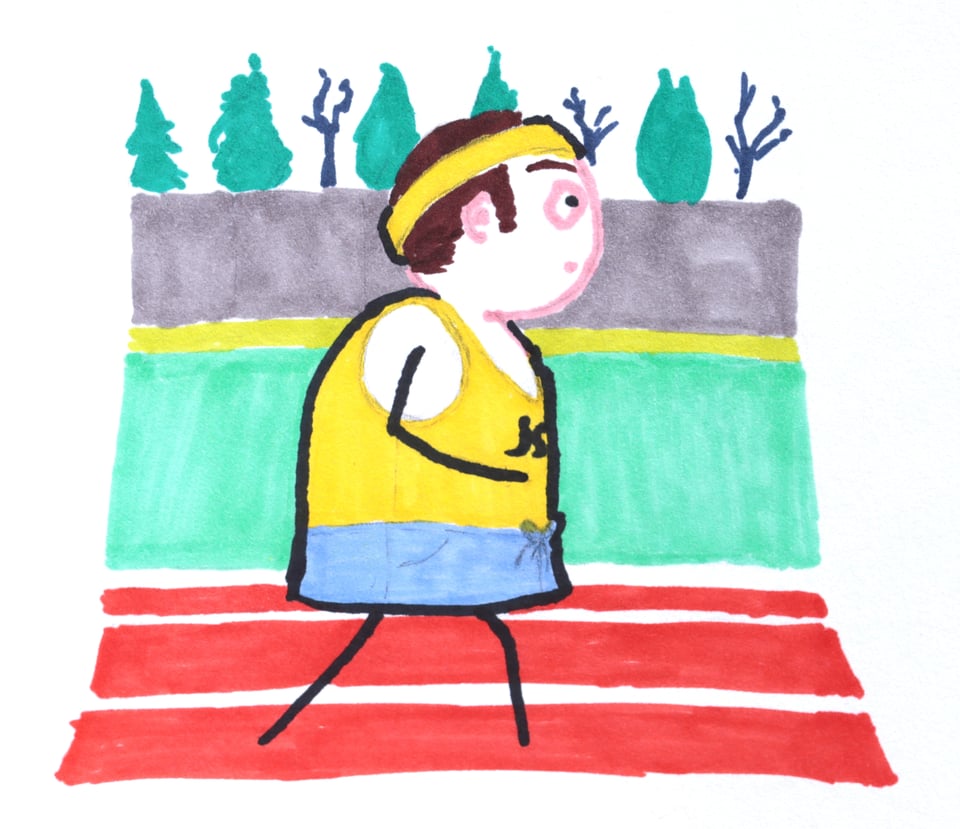 Cartoon of a person wearing a yellow tank top, blue shorts, and a yellow headband walking on a red track with trees and greenery in the background.