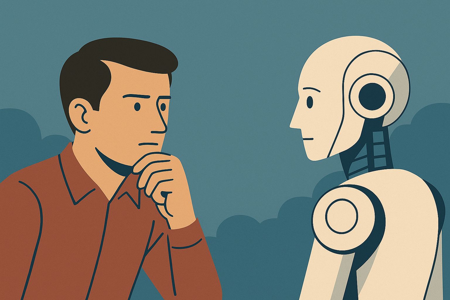 Illustration of a man thoughtfully facing a humanoid robot against a muted blue background