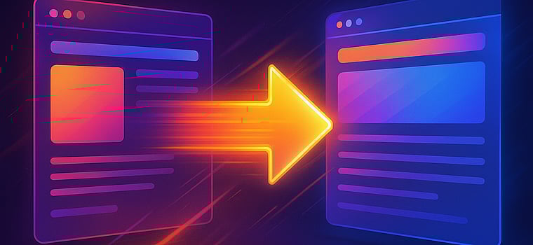 Stylized illustration of a glowing arrow pointing from one web browser window to another, representing data transfer or website migration