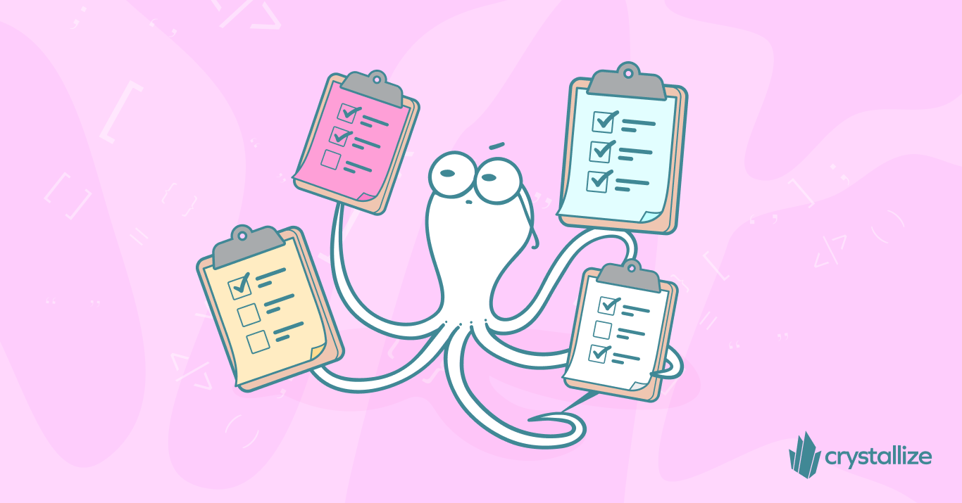 Cartoon octopus holding colorful clipboards with checklists