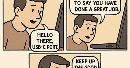 Comic of a man speaking to a USB-C port on a laptop, saying, "Hello there, USB-C port. I just wanted to say you have done a great job. Keep up the good work."
