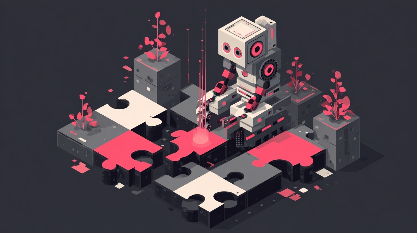Isometric illustration of a robot assembling puzzle pieces