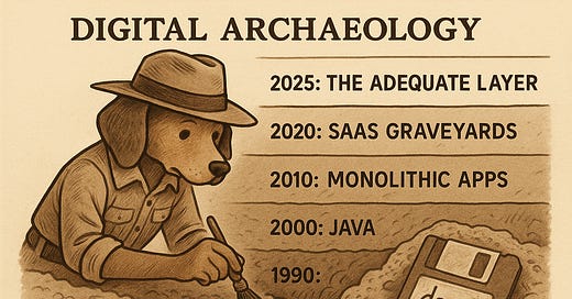 Alt text: Cartoon of a dog in archaeologist attire digging through digital history layers labeled by year: 2025 "The Adequate Layer", 2020 "SaaS Graveyards", 2010 "Monolithic Apps", 2000 "Java", and 1990 next to a floppy disk.