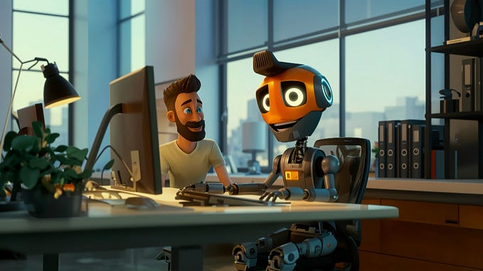 3D scene of a smiling man and a friendly robot working together at a computer in a modern office with large windows and shelves in the background.