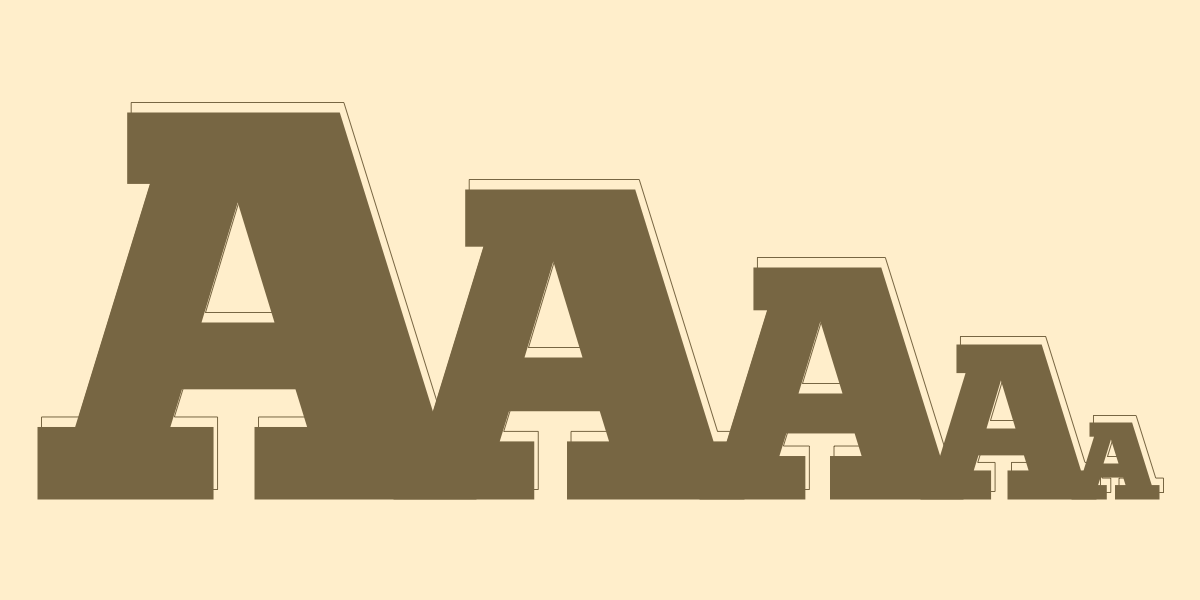 Illustration of five bold, uppercase letter "A"s in descending sizes from left to right, each with a drop shadow on a beige background.