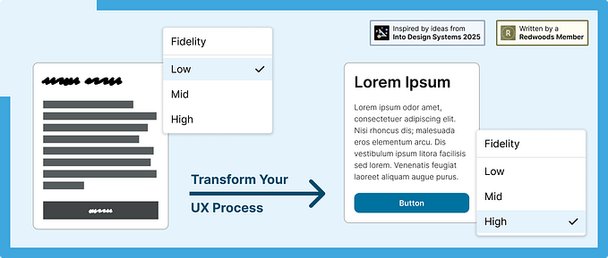 Graphic showing transformation from low-fidelity wireframe to high-fidelity design