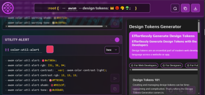 Screenshot of a design tokens generator interface with a purple theme, showing CSS variable definitions for an alert utility and a panel promoting effortless design token creation for developers and designers.