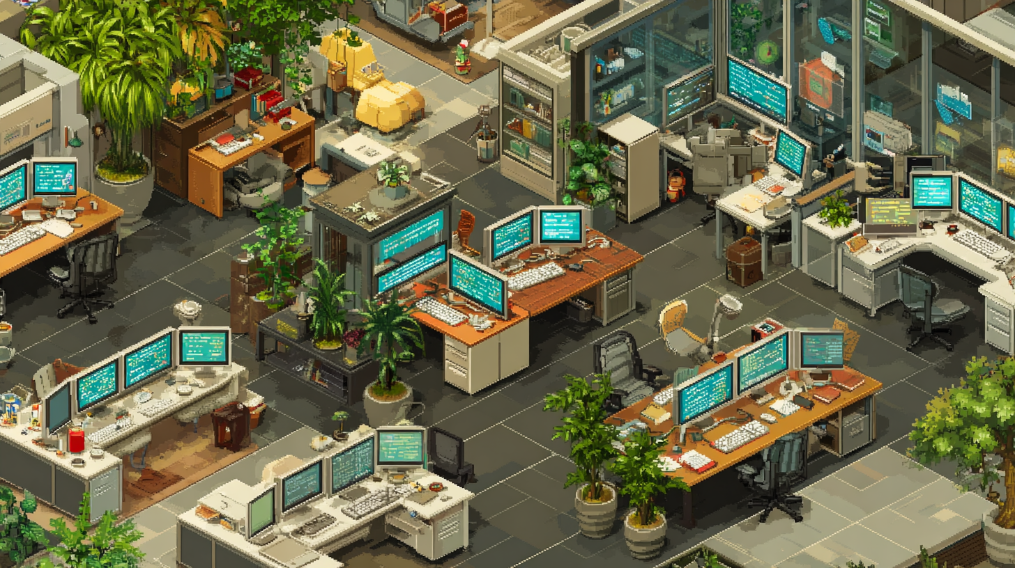 Pixel art illustration of a modern office filled with multiple desks, computer monitors displaying blue screens, office chairs, books, paperwork, and numerous potted plants scattered throughout the space.
