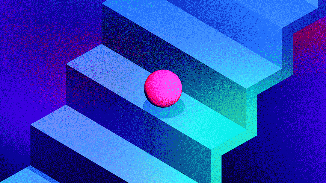 Animated 3D sphere bouncing up stairs