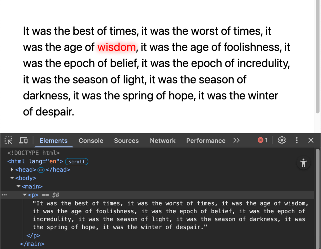Screenshot of browser developer tools showing HTML for a paragraph with the text 'It was the best of times...' where the word 'wisdom' is highlighted in red.