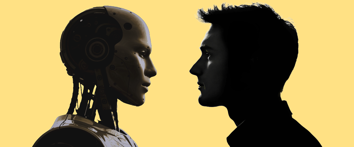 Silhouette of a human facing a humanoid robot against a yellow background.