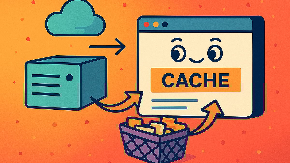 Cartoon illustration of a smiling web browser window labeled "CACHE" receiving data from a server and storing files in a basket, representing caching in web performance.