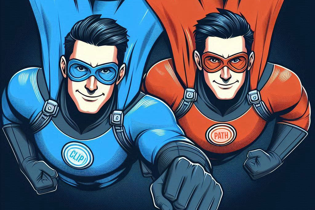 Comic-style illustration of two superheroes flying forward, one in a blue costume labeled "CLIP" and the other in a red costume labeled "PATH," symbolizing different vector graphic techniques.
