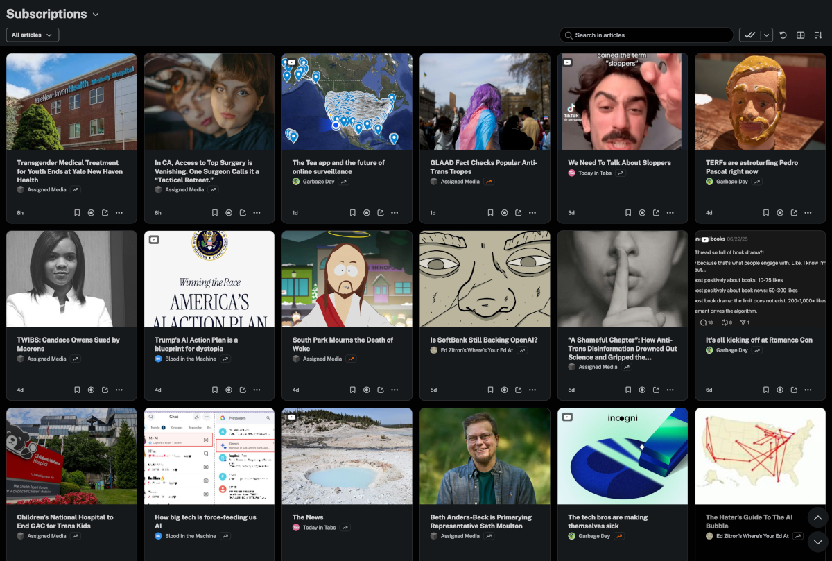 Grid of news article previews from a subscriptions page