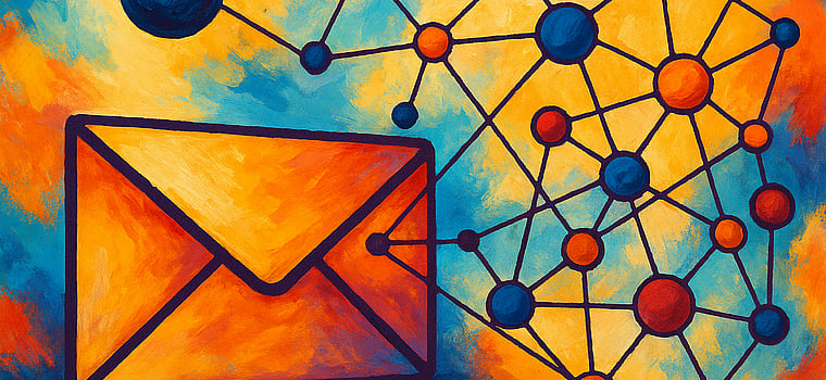 Abstract painting of an orange envelope connected to a network of interconnected colorful nodes, symbolizing digital communication or data exchange.