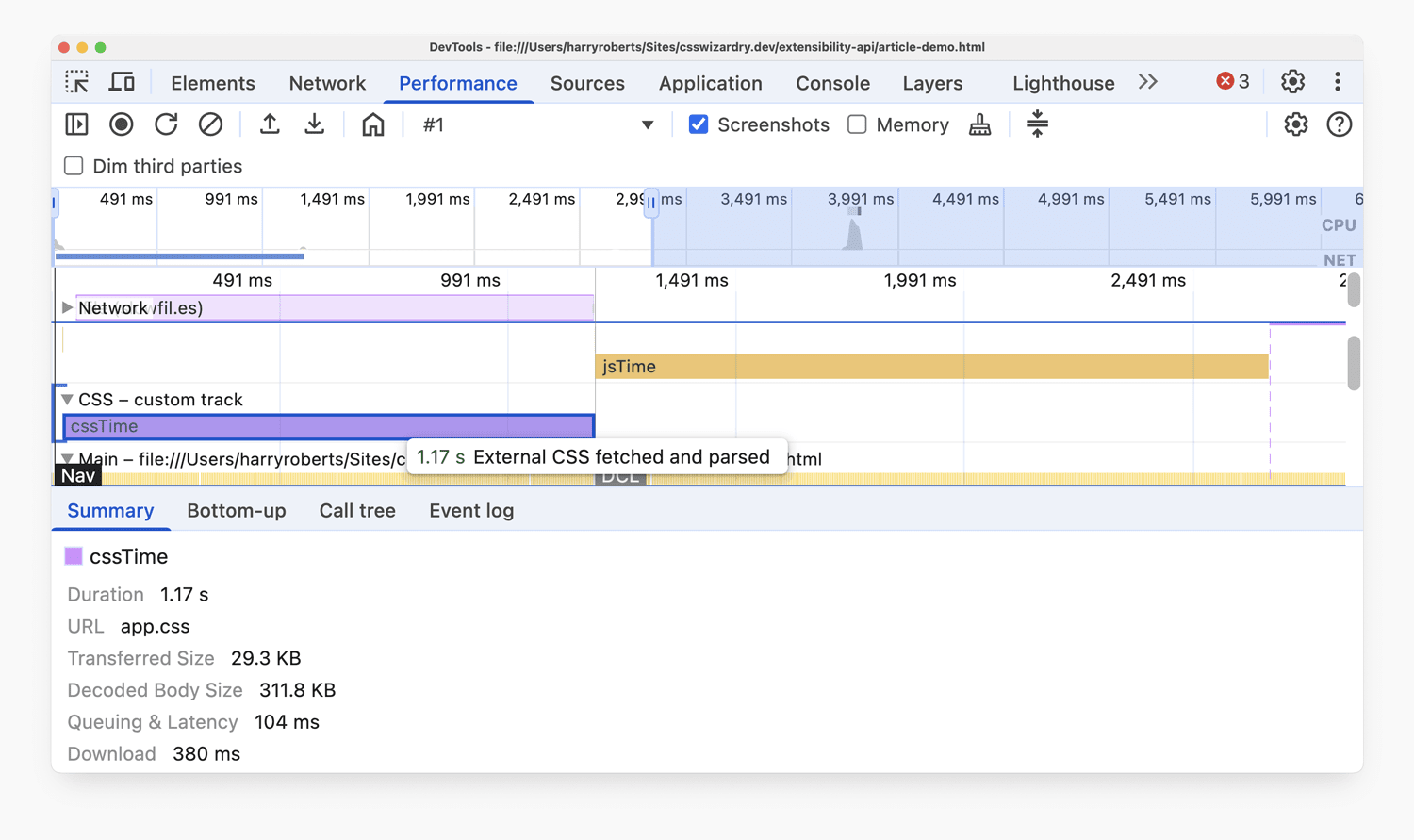Google Chrome DevTools Performance tab showing a timeline of page loading events, with a highlighted section for "cssTime" indicating external CSS was fetched and parsed in 1.17 seconds, and details such as file size and download time displayed below.